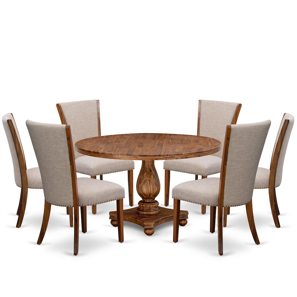 7 Piece Dining Set For 6 Contains 54″ Round Table In Light Tan Color