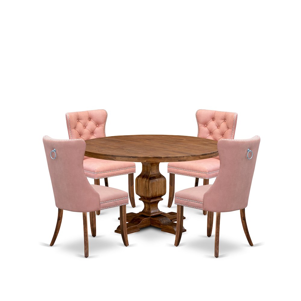 5-Pc Mid Century Modern Dining Set Include A Round Table And 4 Beige Red Chairs