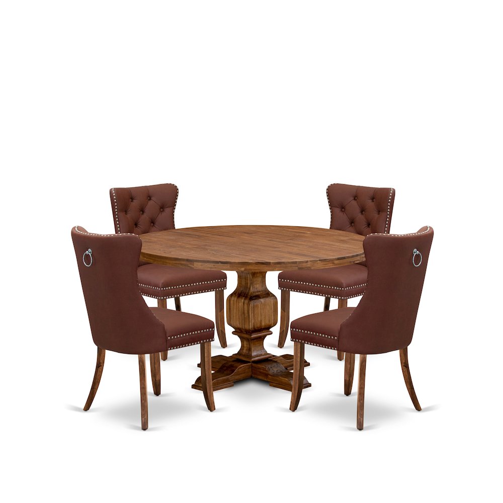 5-Pc Dinner Table Set Include A Round Table And 4 Burgundy Upholstered Chairs
