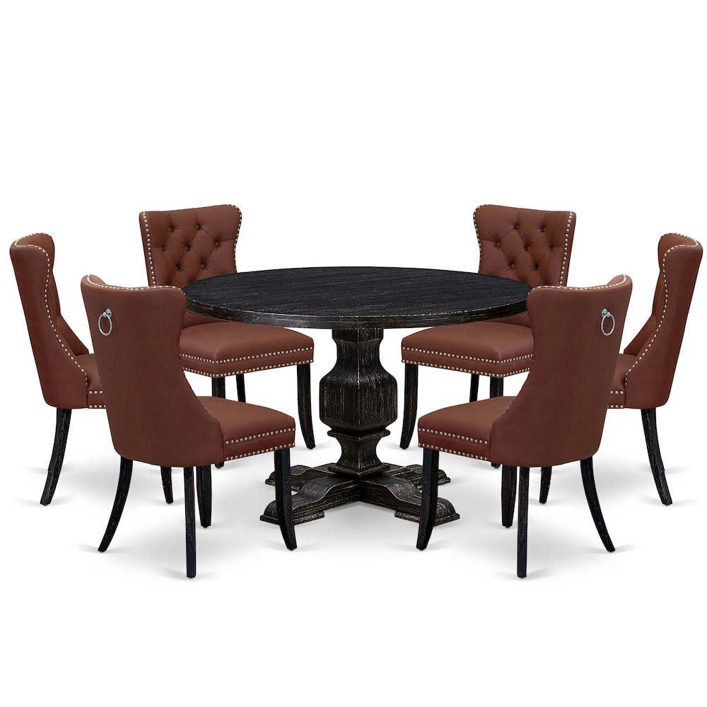 7 Piece Dining Table Set Includes 48″ Round Table In Burgandy Color