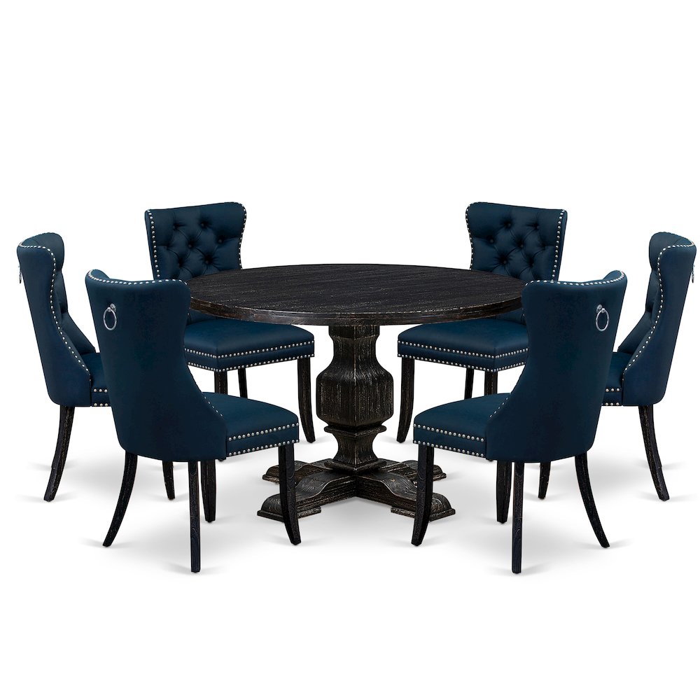 7 Piece Dining Table Set Includes 48″ Round Table In Navy Blue Color