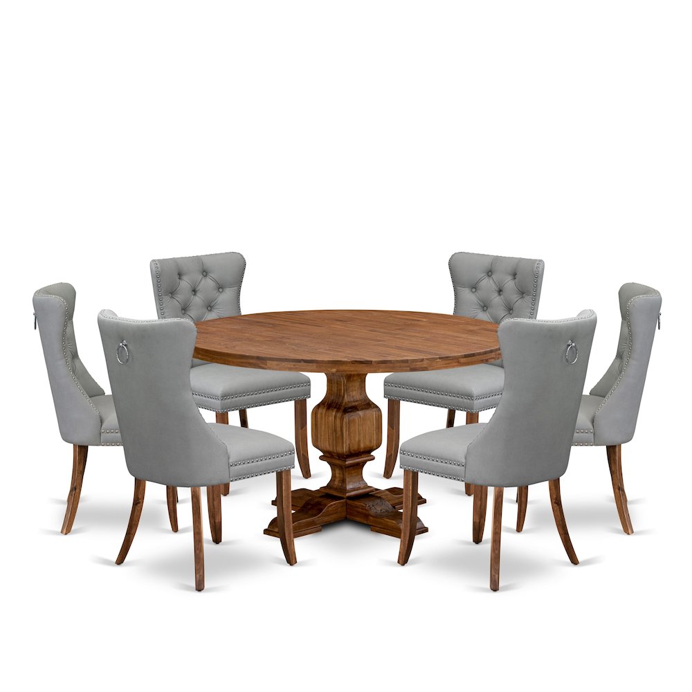7-Pc Dining Set Consist A Mid Century Table And 6 Light Gray Upholstered Chairs