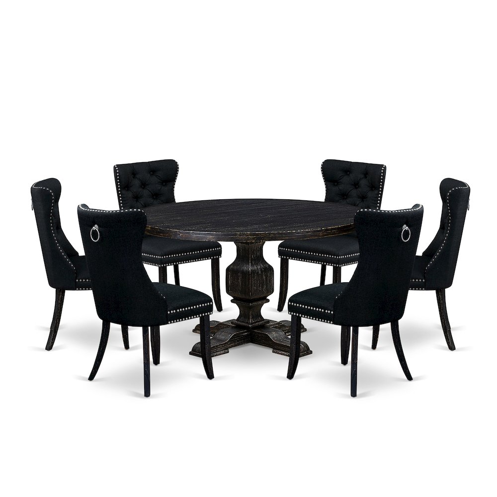 7 Piece Kitchen Table Set Consists Of 54″ Round Table In Black Color