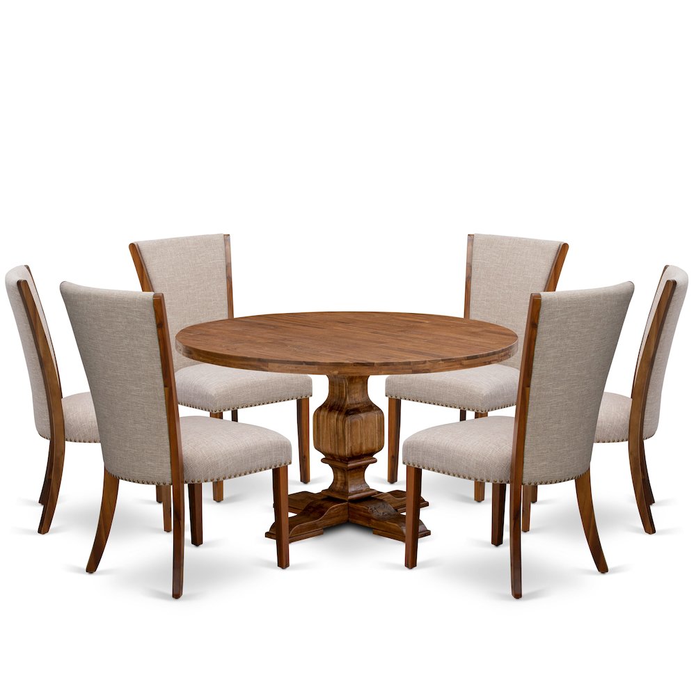 7 Piece Dining Set Consists Of 54″ Round Kitchen Table In Light Tan Color