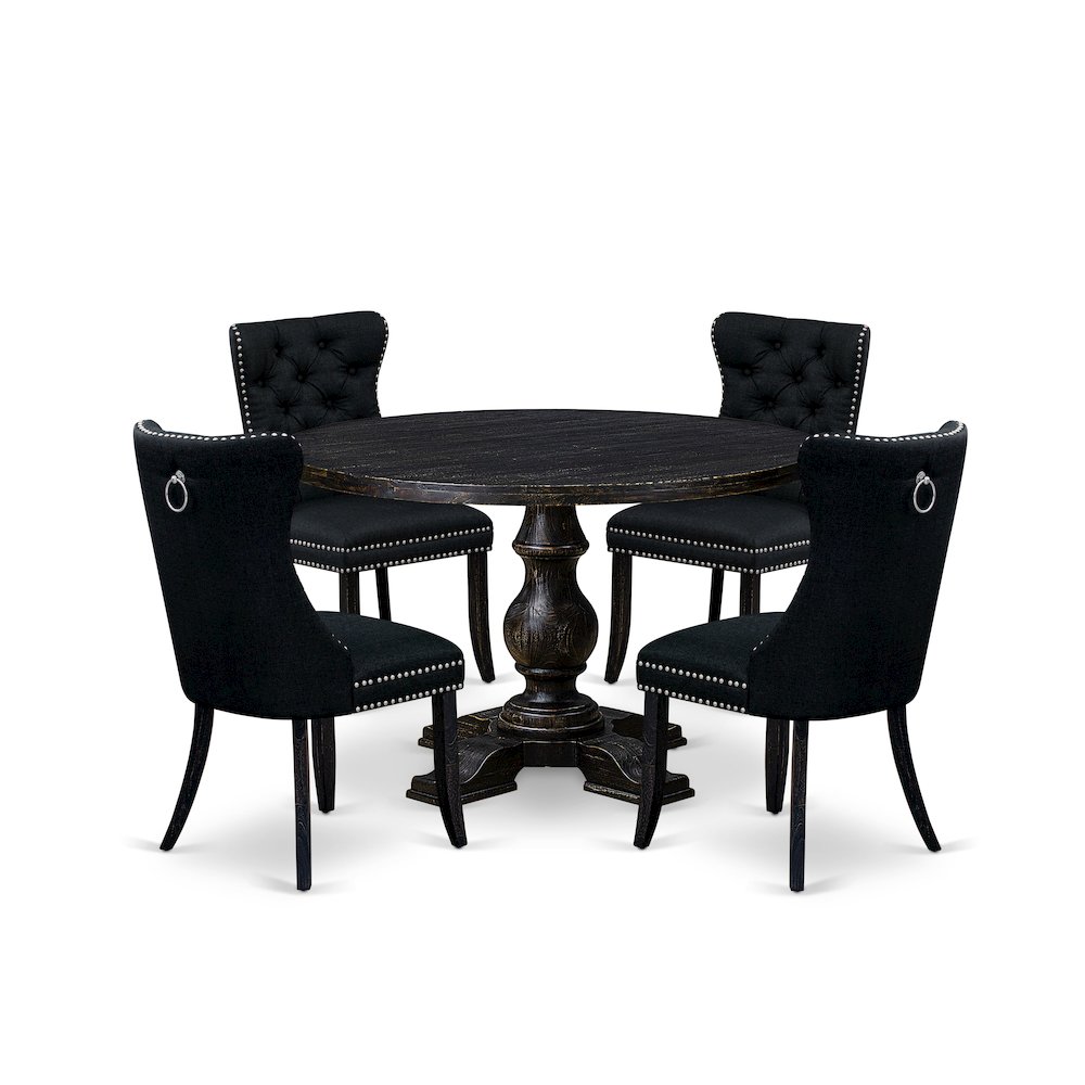 5-Piece Dining Room A Dining Table And 4 Black Linen Fabric Dining Chairs