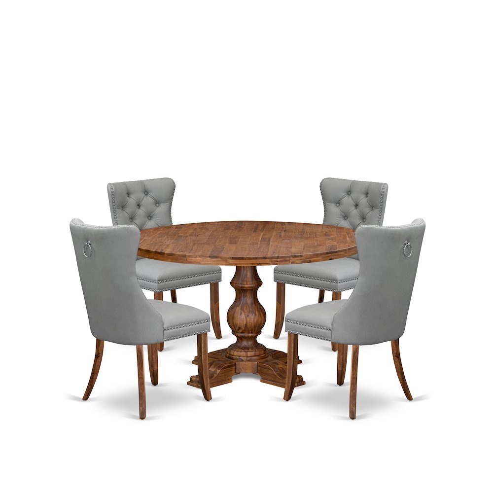 5-Pc Dining Table Set Contain A Wooden Table And 4 Light Gray Upholstered Chairs