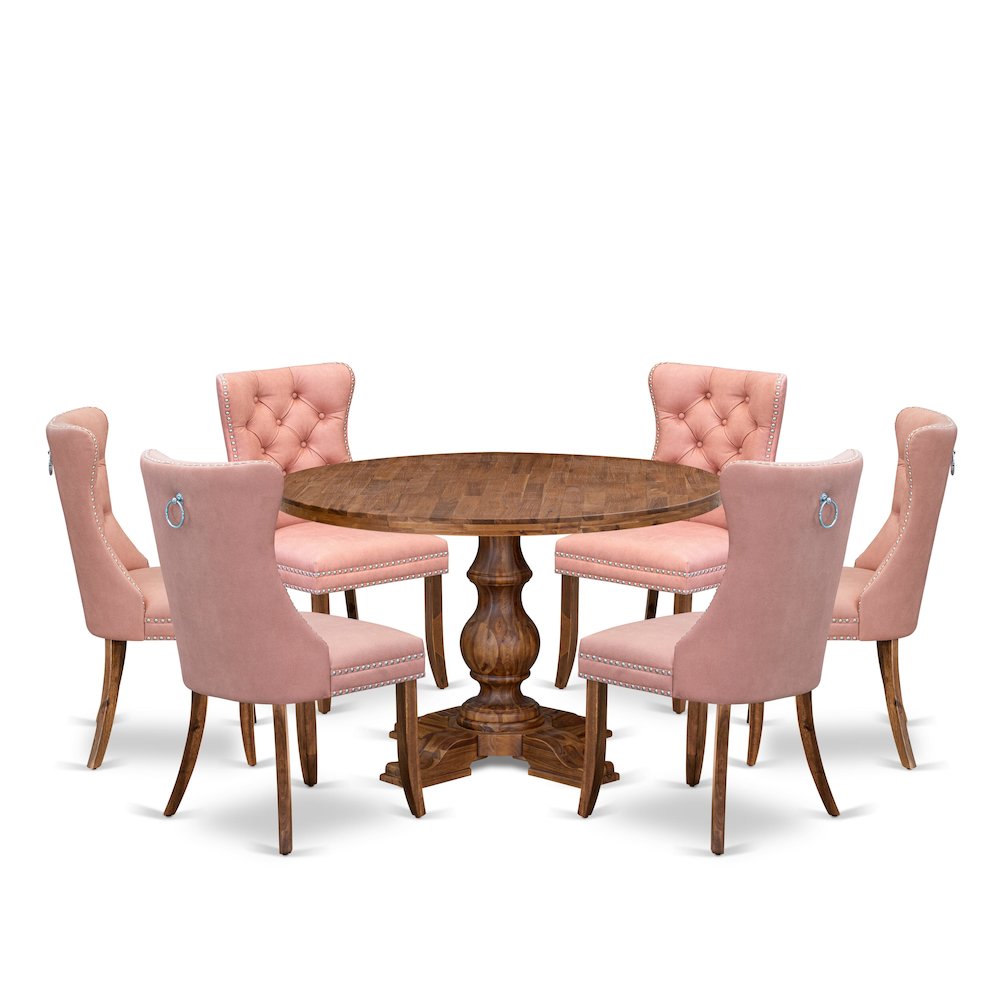 7-Pc Modern Dining Set Include A Table And 6 Beige Red Upholstered Dining Chairs