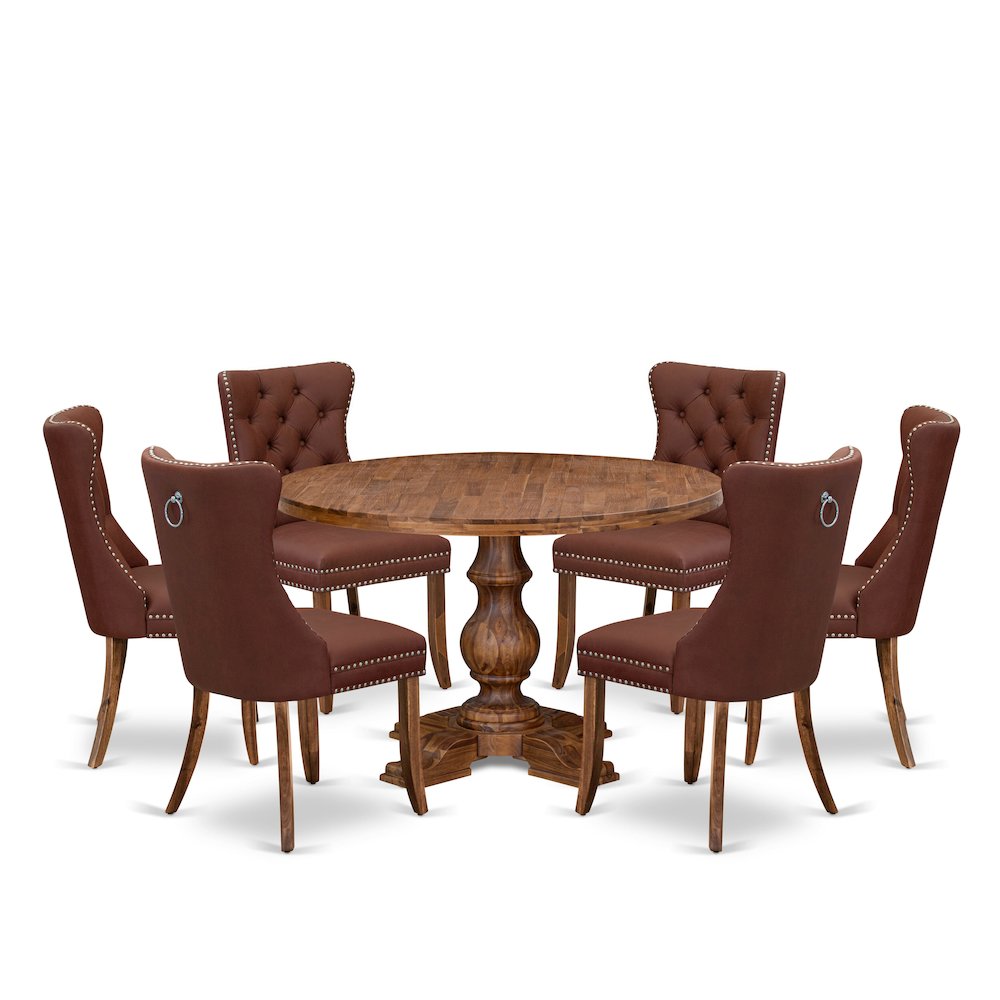 7-Pc Dining Table Set Include A Modern Table And 6 Burgundy Upholstered Chairs