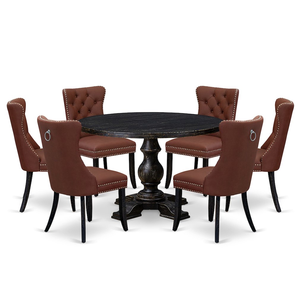7 Piece Dining Table Set Contains 48″ Round Table In Burgandy Color