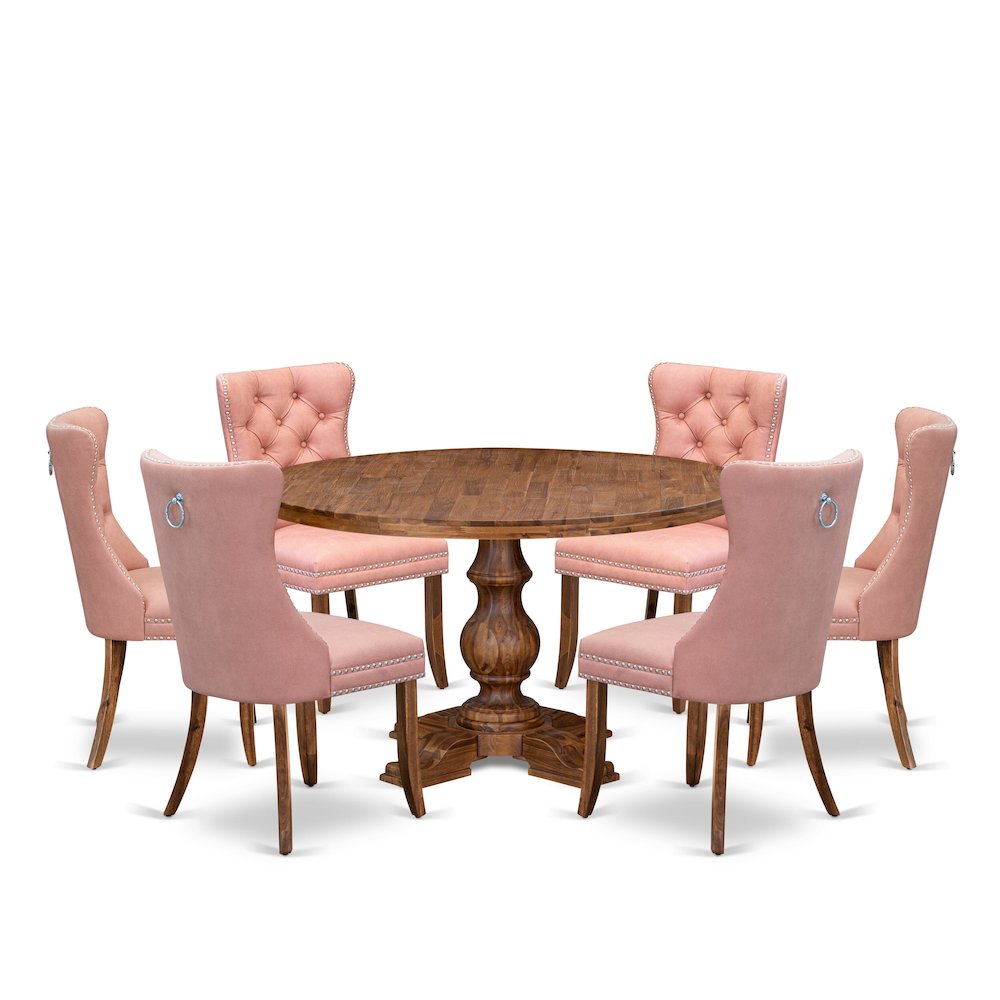 7-Pc Dinner Table Set Include A Dining Table And 6 Beige Red Upholstered Chairs