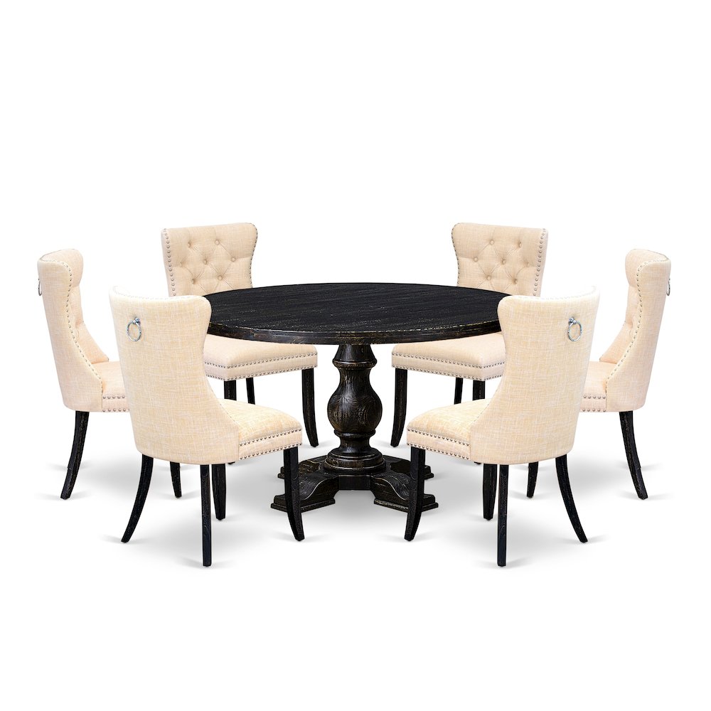 7-Piece Kitchen A Dining Table And 6 Light Beige Linen Fabric Dinner Chairs