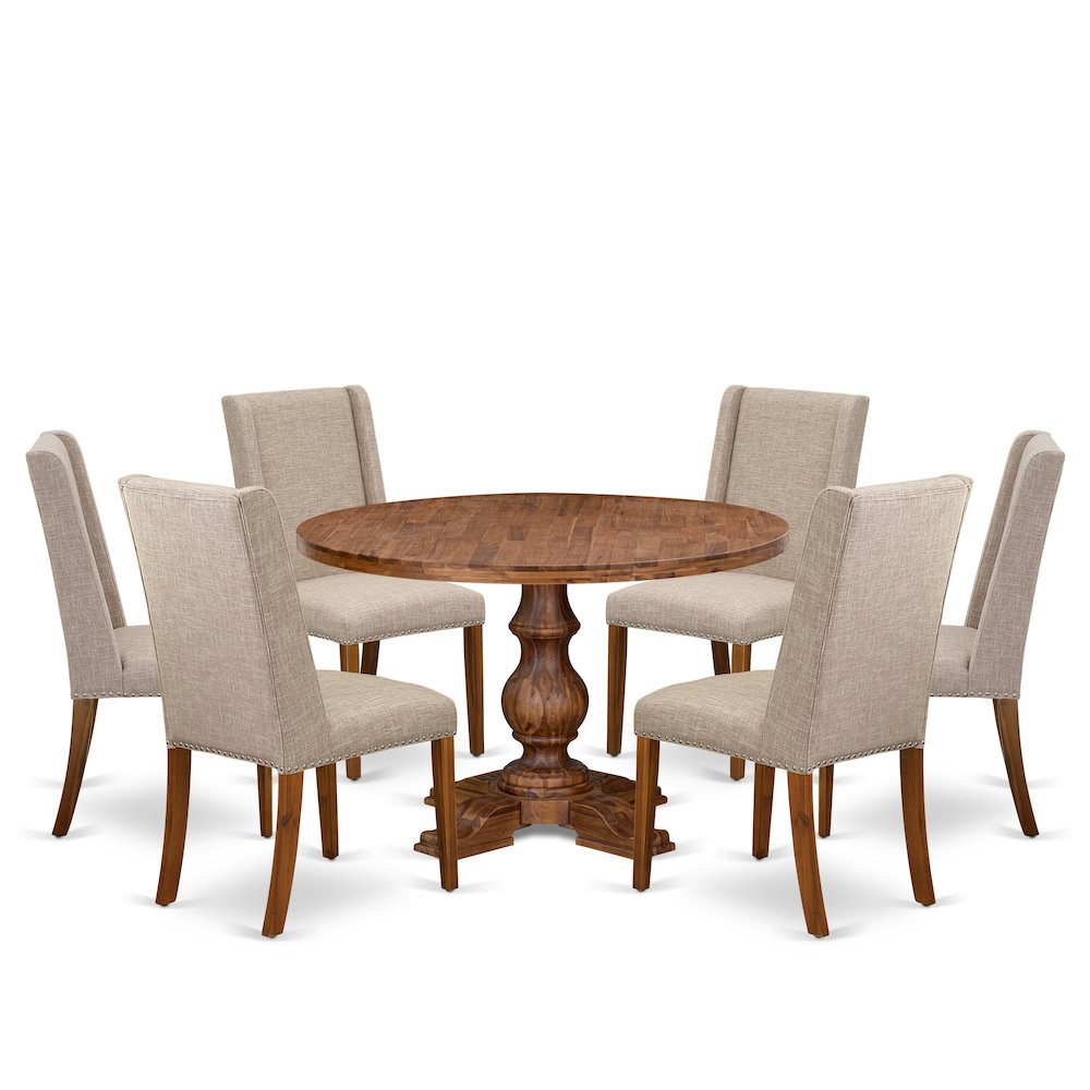 7-Piece Dining Table A Wooden Table And 6 Light Tan Linen Fabric Dining Chair
