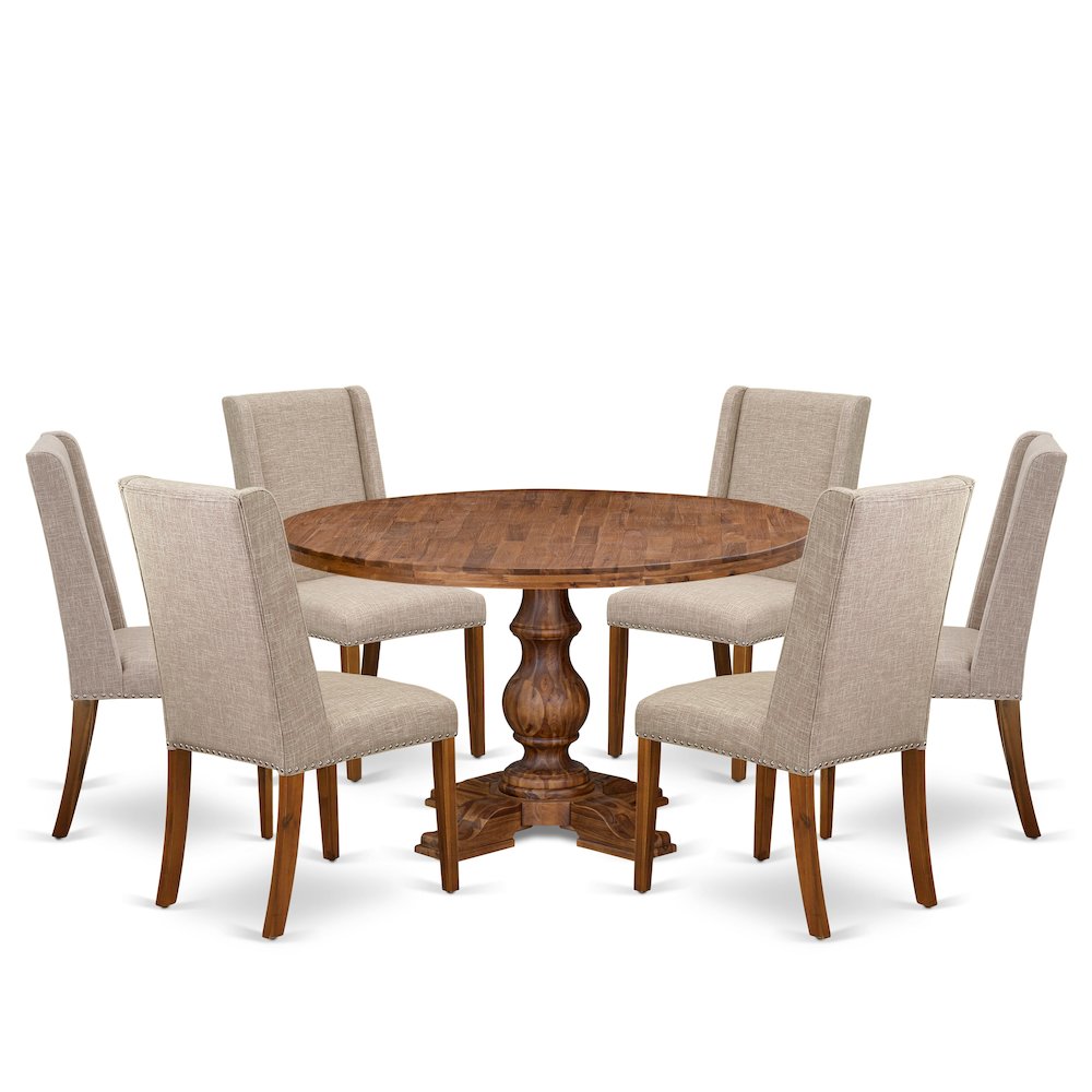 7-Piece Modern Dining A Dinning Table And 6 Light Tan Linen Fabric Modern Chairs