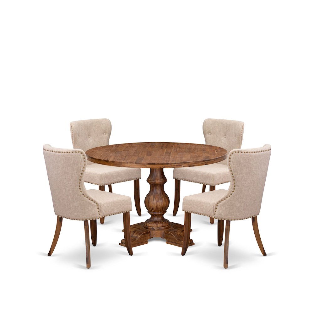 5 Piece Dining Set For 4 Contains 48″ Round Table In Light Tan Color
