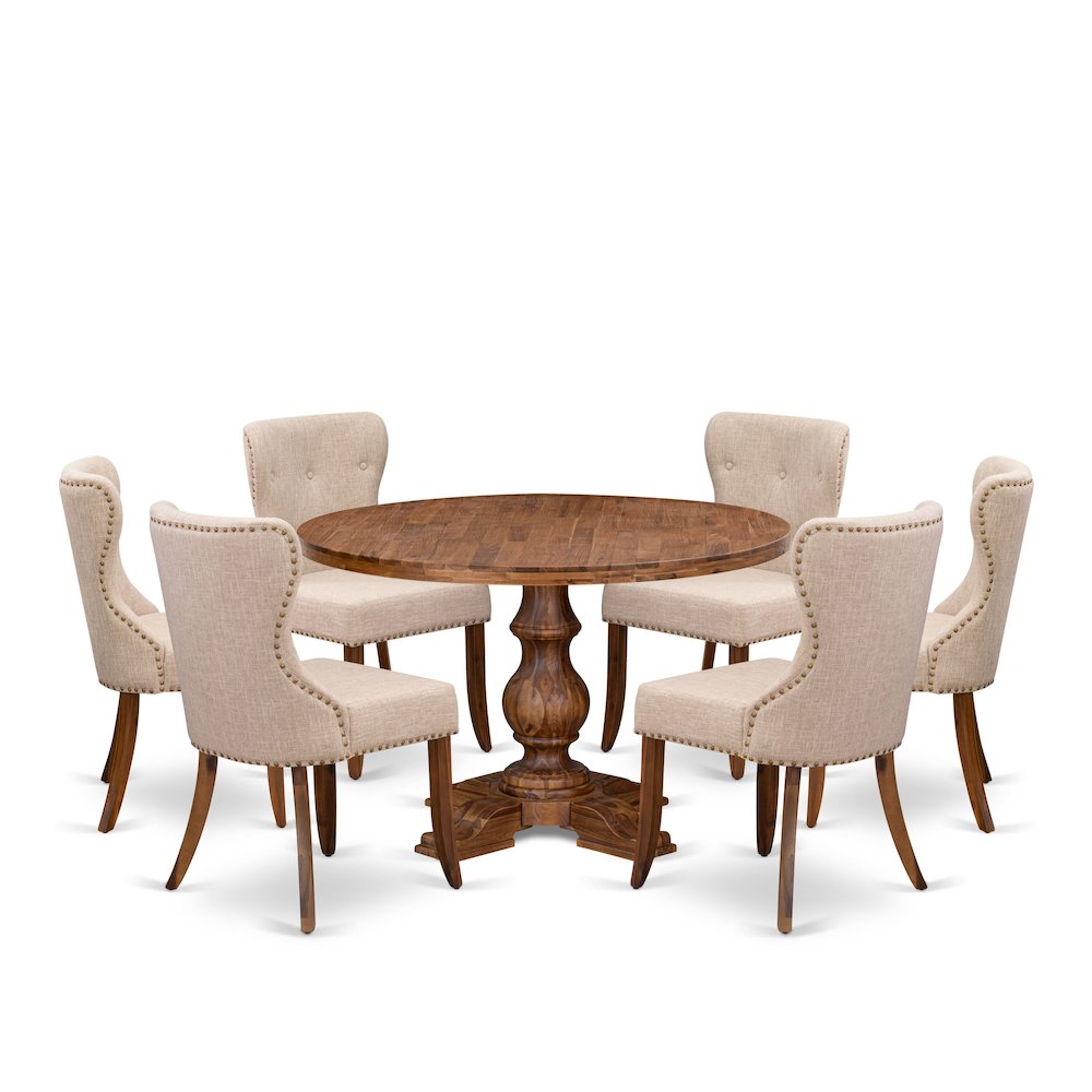 7 Piece Kitchen Table Set Includes 48″ Round Table In Light Tan Color