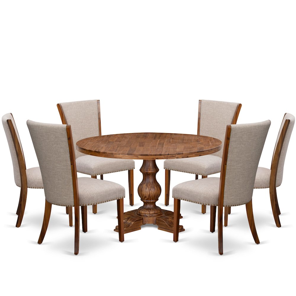 7 Piece Dining Set Includes 54″ Round Table In Light Tan Color