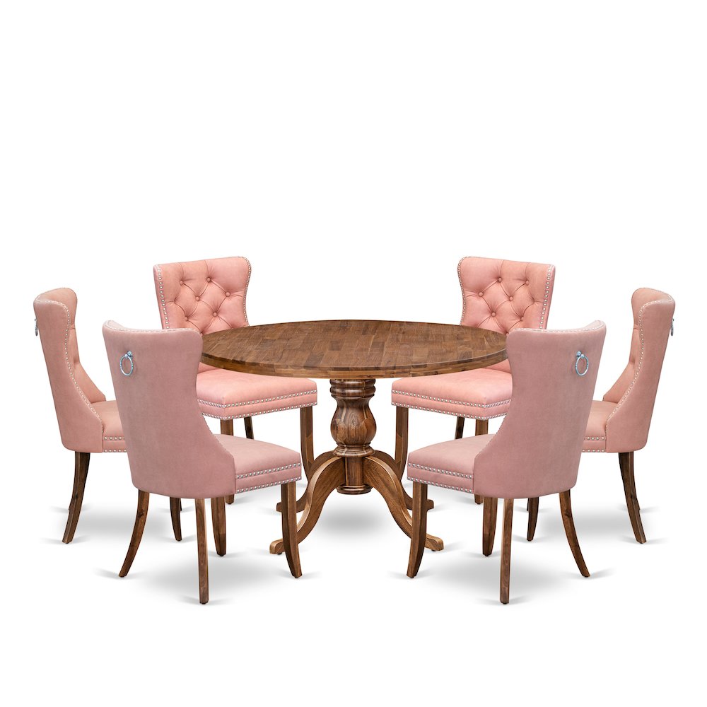 7-Pc Mid Century Dining Set Contain A Table And 6 Beige Red Upholstered Chairs