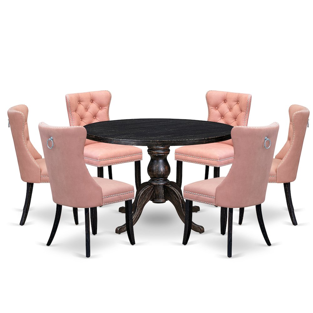 7 Piece Dining Set Consists Of 48″ Round Table In Beige Red Color