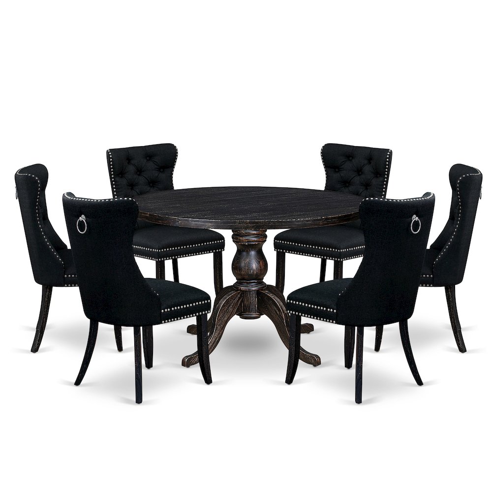 7-Piece Dining A Dinning Table And 6 Black Linen Fabric Dining Chair