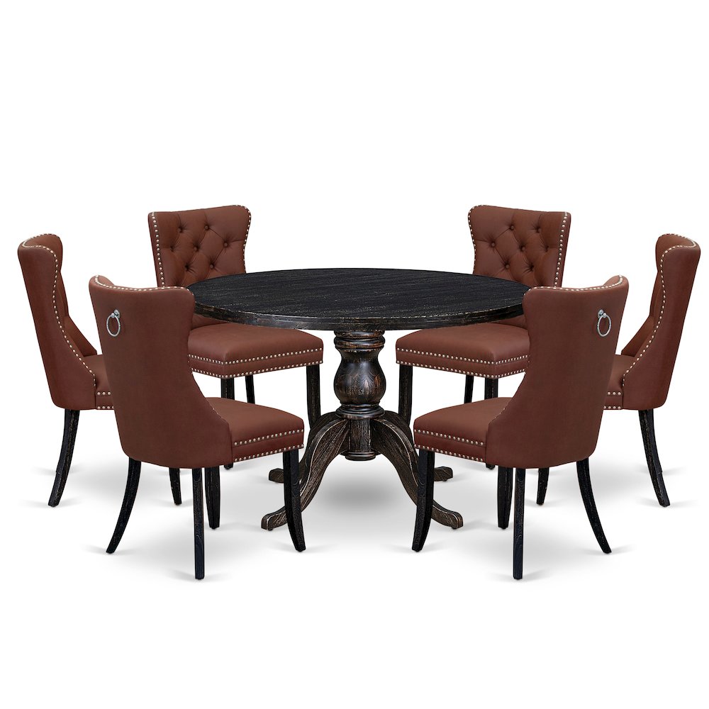 7 Piece Dining Table Set Consists Of 48″ Round Table In Burgandy Color
