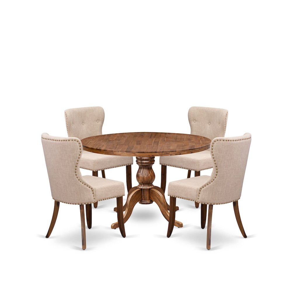 5 Piece Dining Set Consists Of 48″ Round Kitchen Table In Light Tan Color
