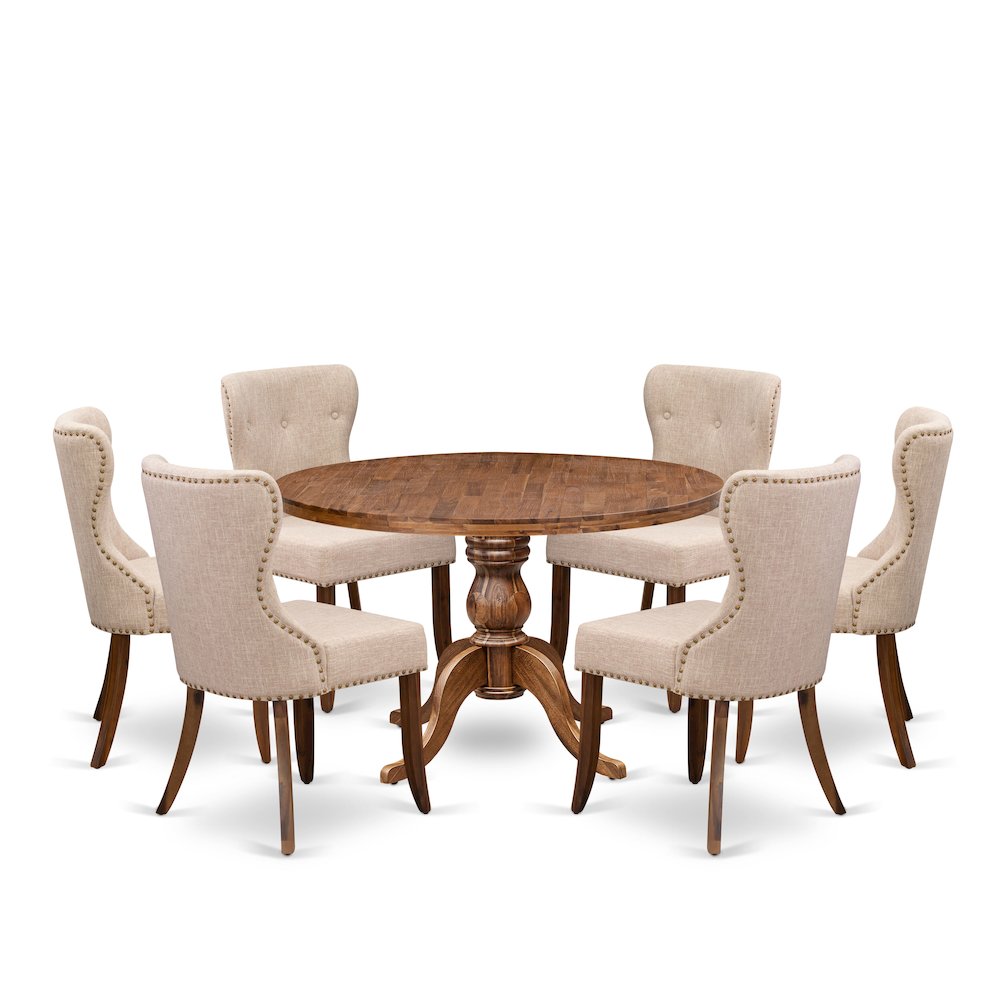 7 Piece Kitchen Table Set Contains 48″ Round Table In Light Tan Color