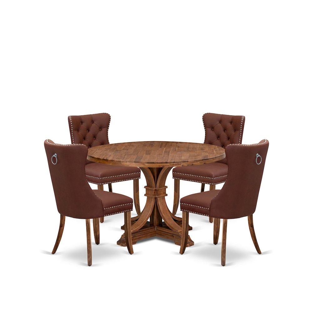 5-Pc Dining Room Table Set Include A Wooden Table And 4 Burgundy Padded Chairs