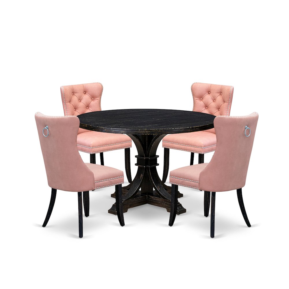 5 Piece Dining Set For 4 Contains 48″ Round Table In Beige Red Color