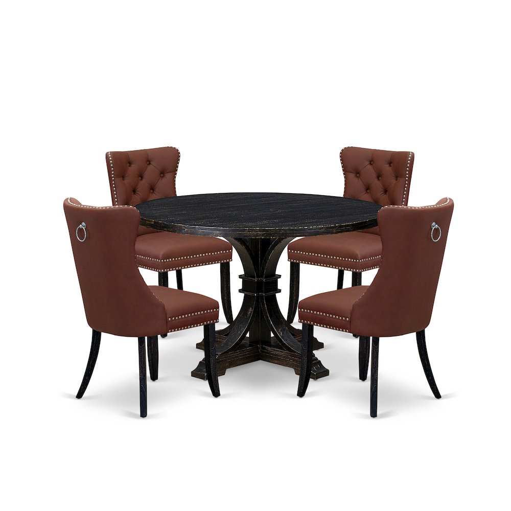 5 Piece Dining Table Set Contains 48″ Round Table In Burgandy Color