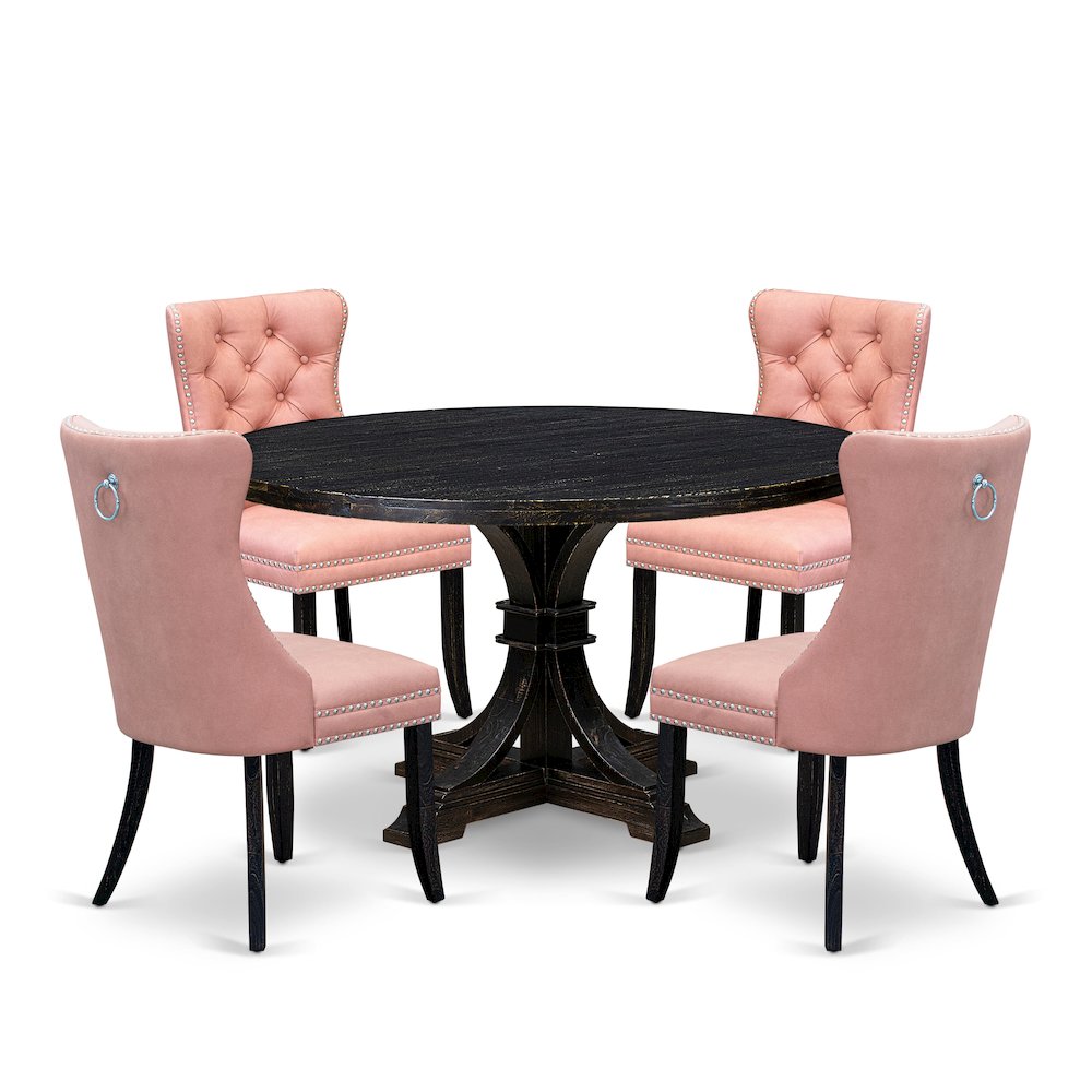 5 Piece Dining Set For 4 Consists Of 54″ Round Table In Beige Red Color