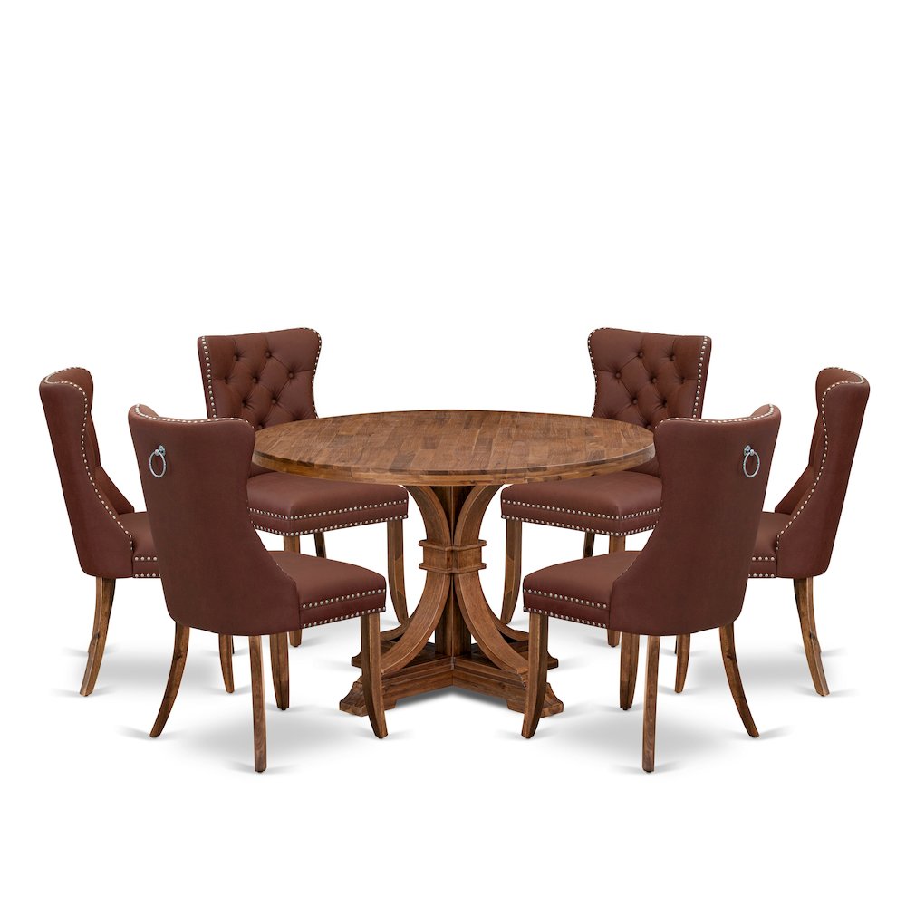 7-Pc Kitchen Table Set Consist A Mid Century Dining Table And 6 Burgundy Chairs