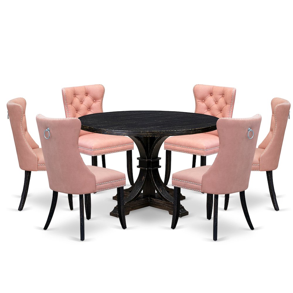 7 Piece Dining Set Includes 48″ Round Kitchen Table In Beige Red Color