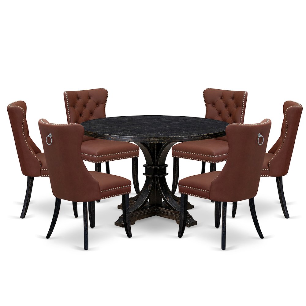 7 Piece Dining Table Set Includes 48″ Round Table In Burgandy Color