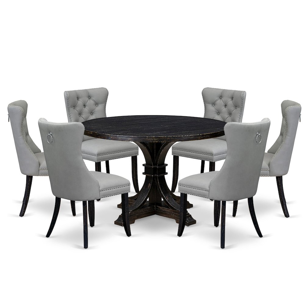 7 Piece Dining Table Set Includes 48″ Round Table In Light Gray Color