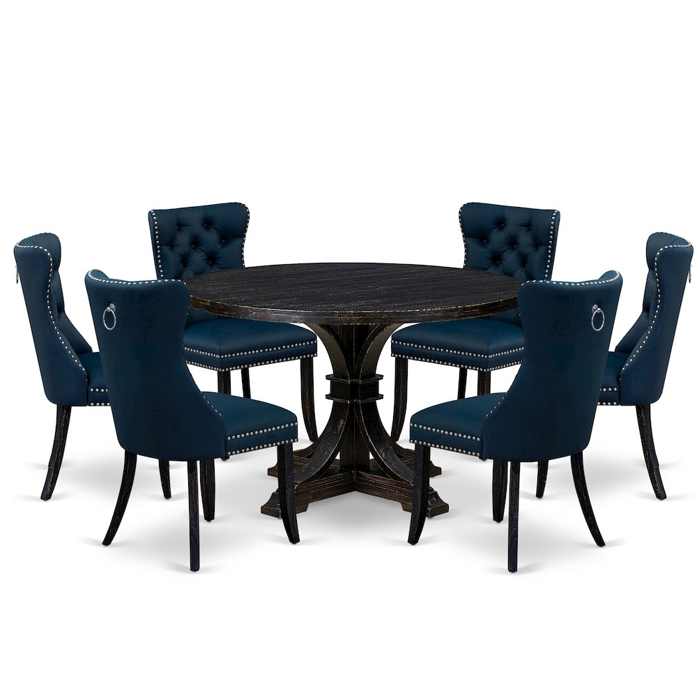 7 Piece Dining Table Set Includes 48″ Round Table In Navy Blue Color