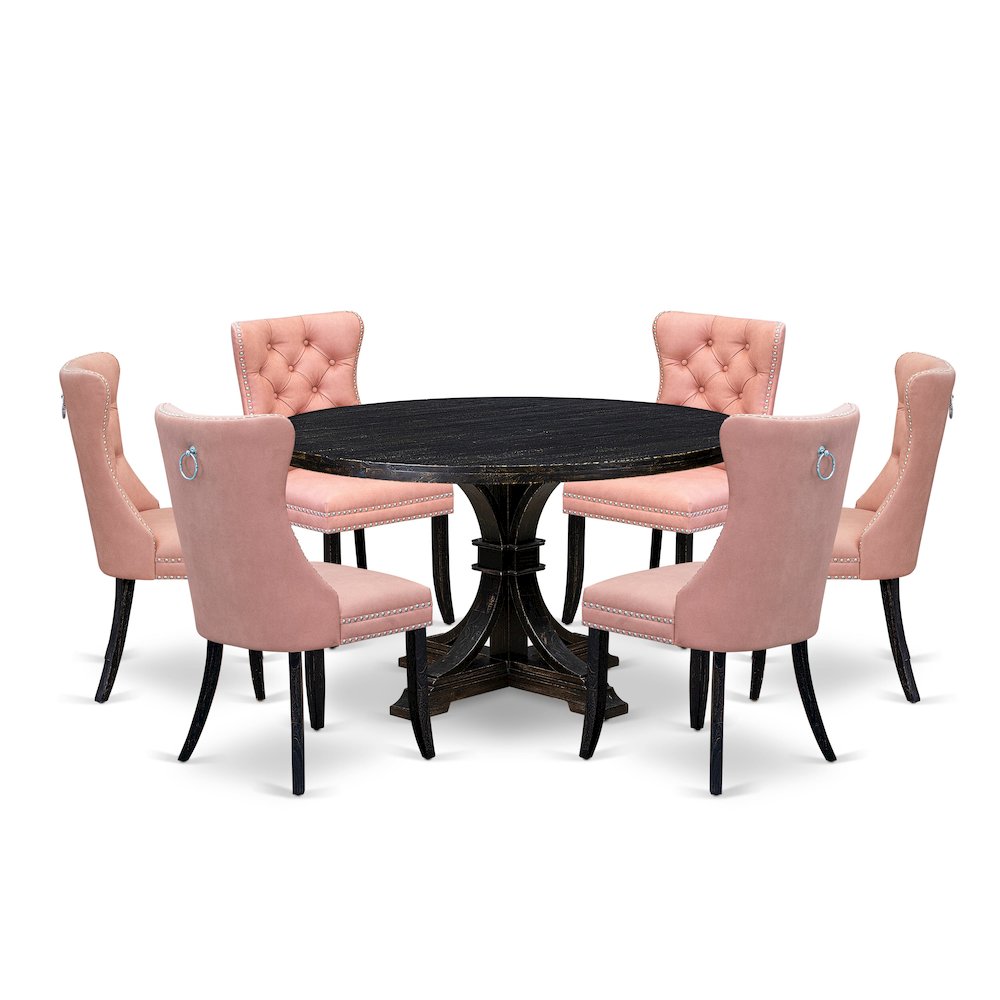 7 Piece Dining Set Contains 54″ Round Kitchen Table In Beige Red Color