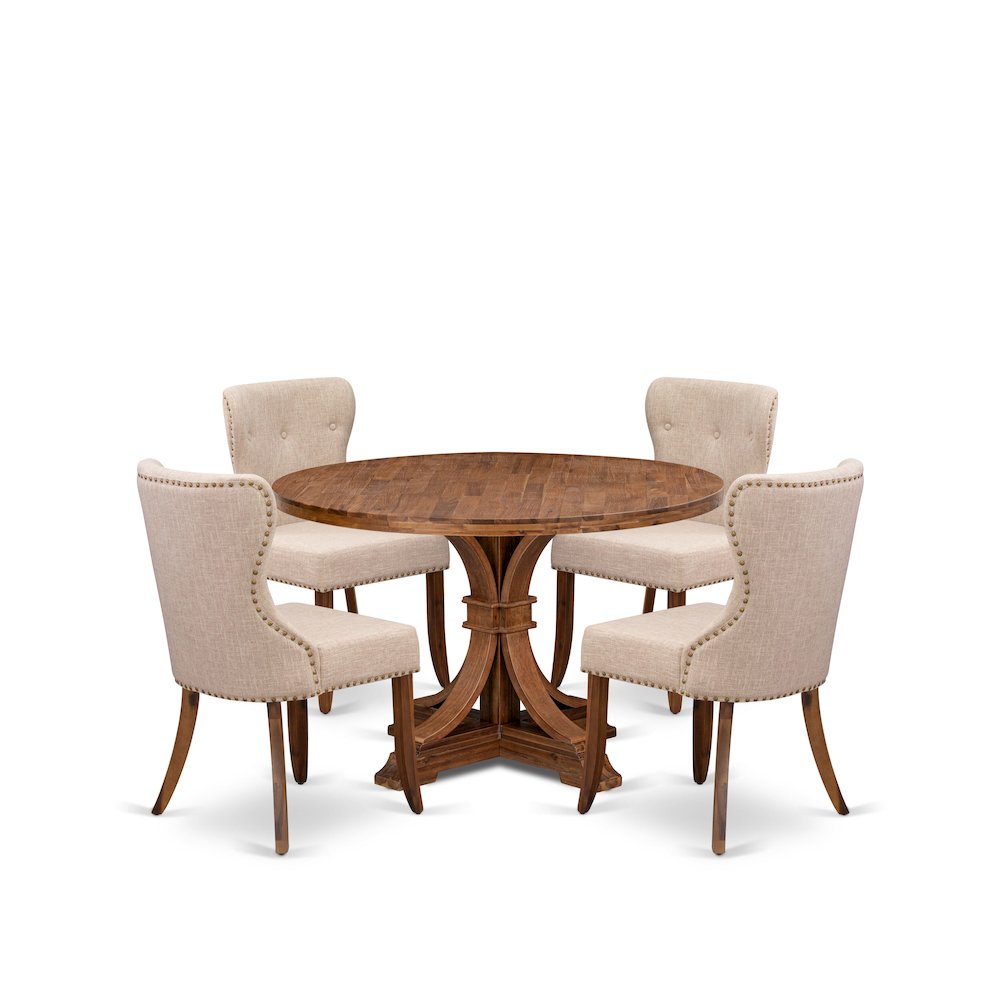 5 Piece Kitchen Table Set Includes 48″ Round Table In Light Tan Color