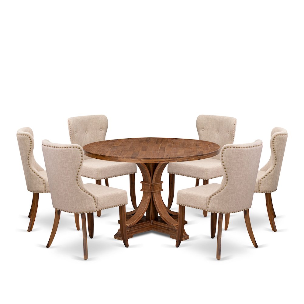 7 Piece Dinette Set Includes 48″ Round Table In Light Tan Color