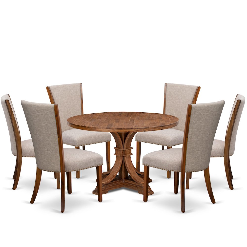 7 Piece Dining Set For 6 Contains 48″ Round Table In Light Tan Color