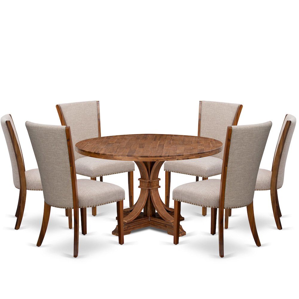 7 Piece Dining Set Consists Of 54″ Round Kitchen Table In Light Tan Color