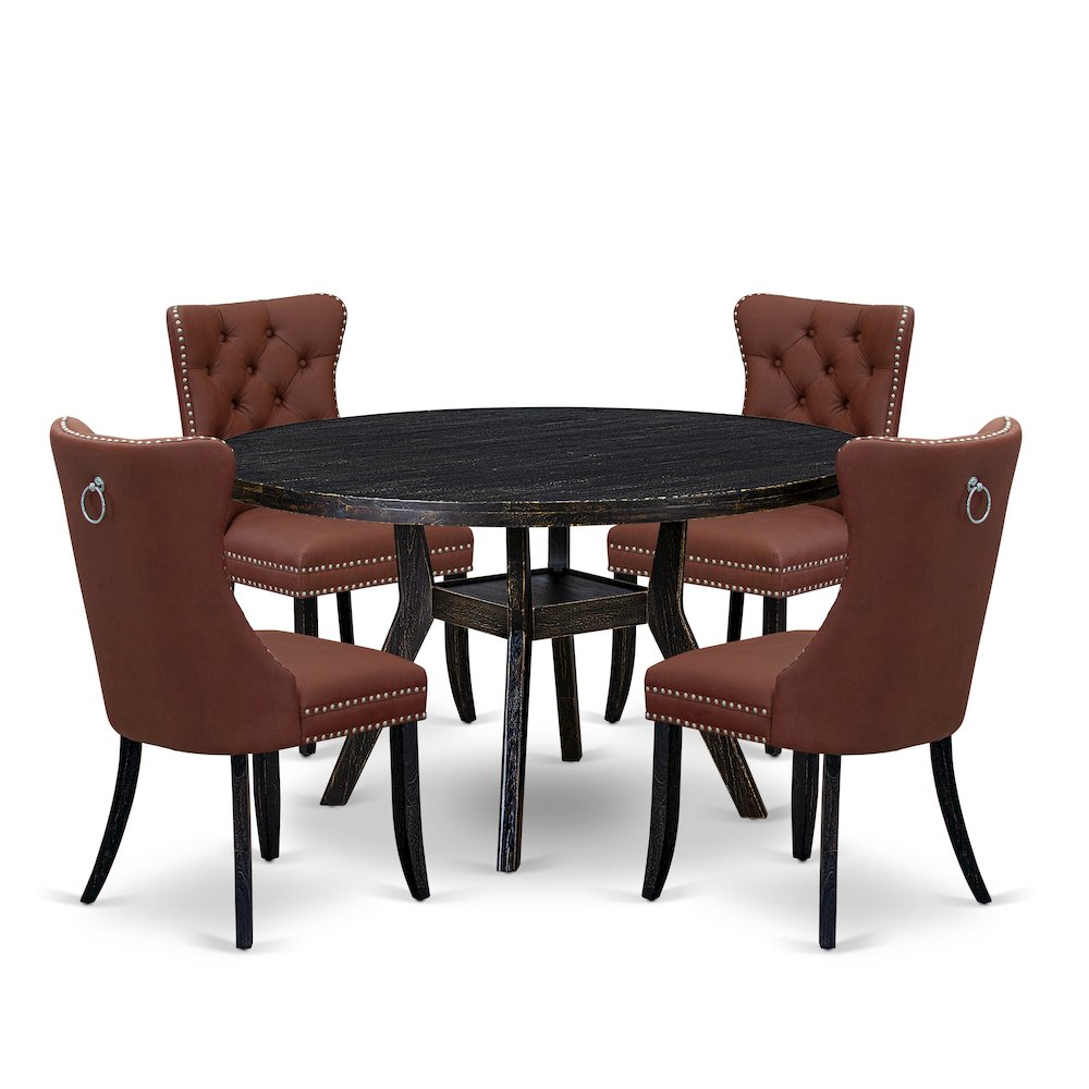 5 Piece Dining Table Set Consists Of 54″ Round Table In Burgandy Color