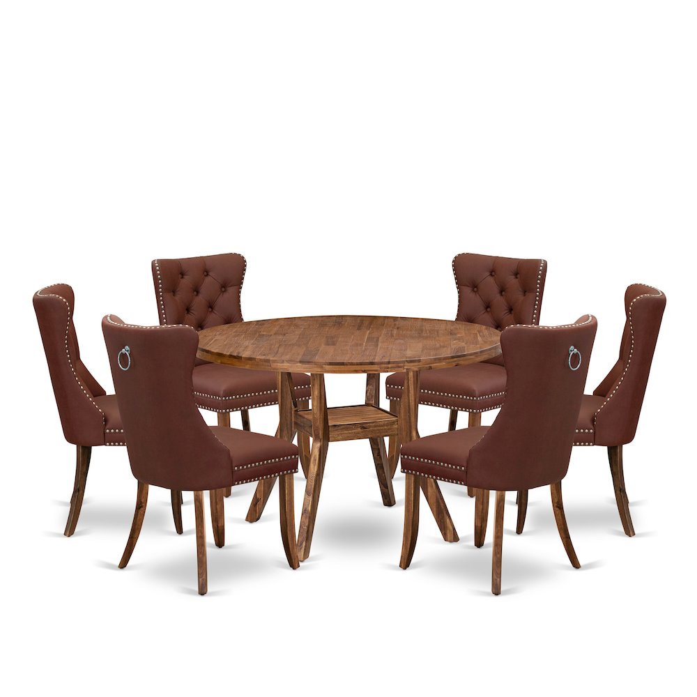 7-Pc Dining Room Set Include A Modern Table And 6 Burgundy Upholstered Chairs