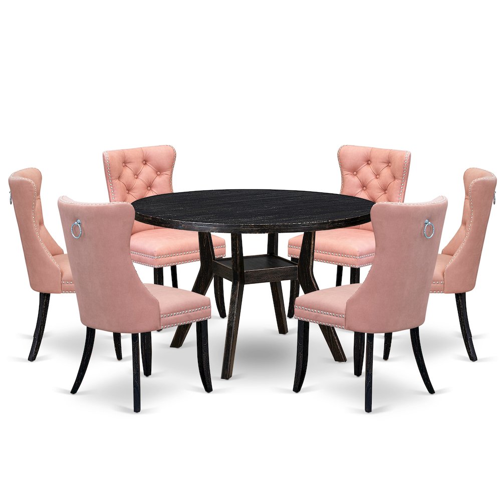 7 Piece Dining Set Contains 48″ Round Kitchen Table In Beige Red Color