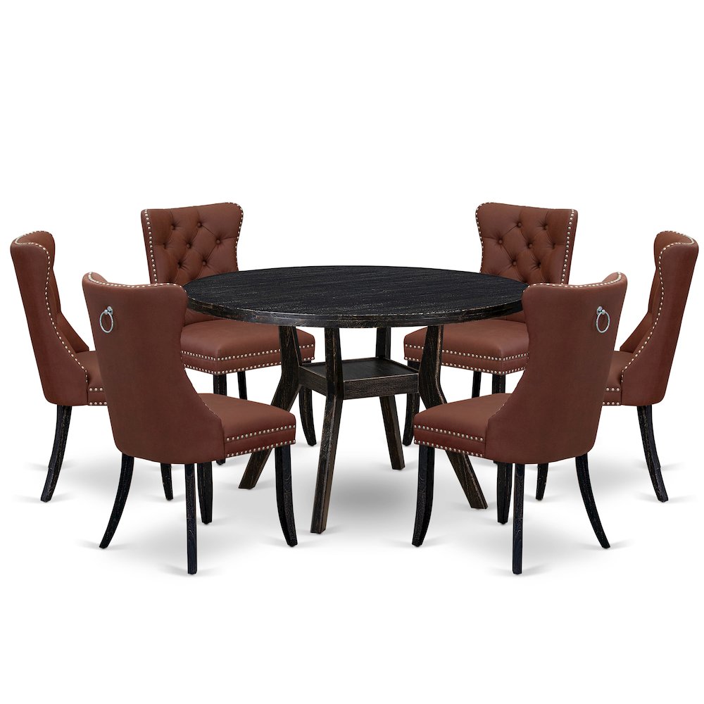 7 Piece Dining Table Set Contains 48″ Round Table In Burgandy Color