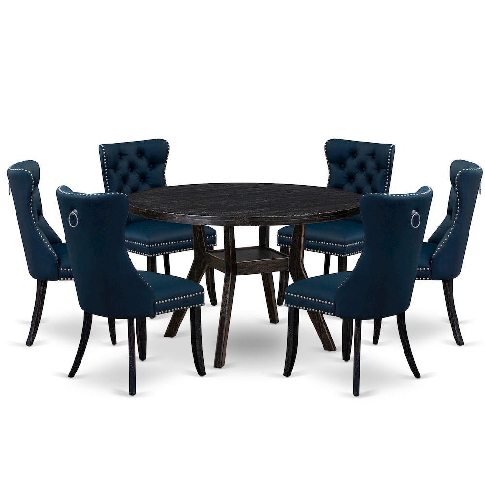 7 Piece Dining Table Set Contains 48″ Round Table In Navy Blue Color