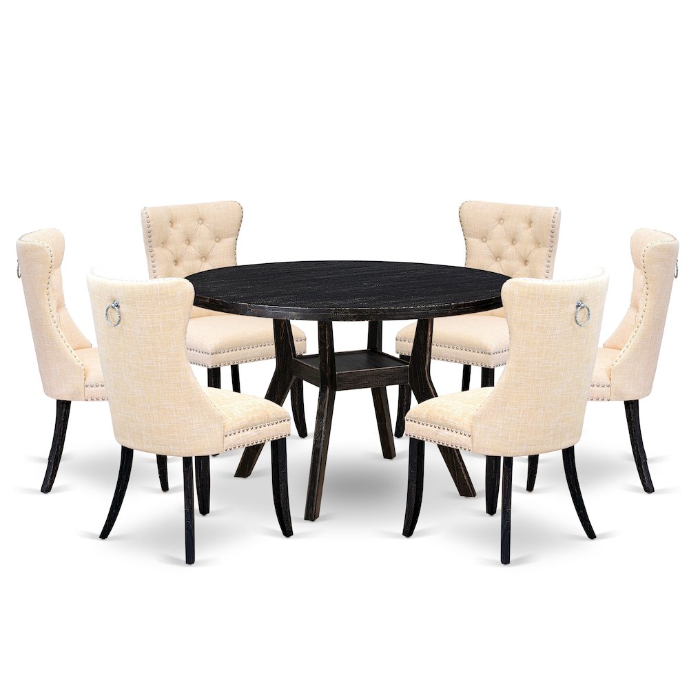 7-Piece Kitchen A Dining Table And 6 Light Beige Linen Fabric Dinner Chairs