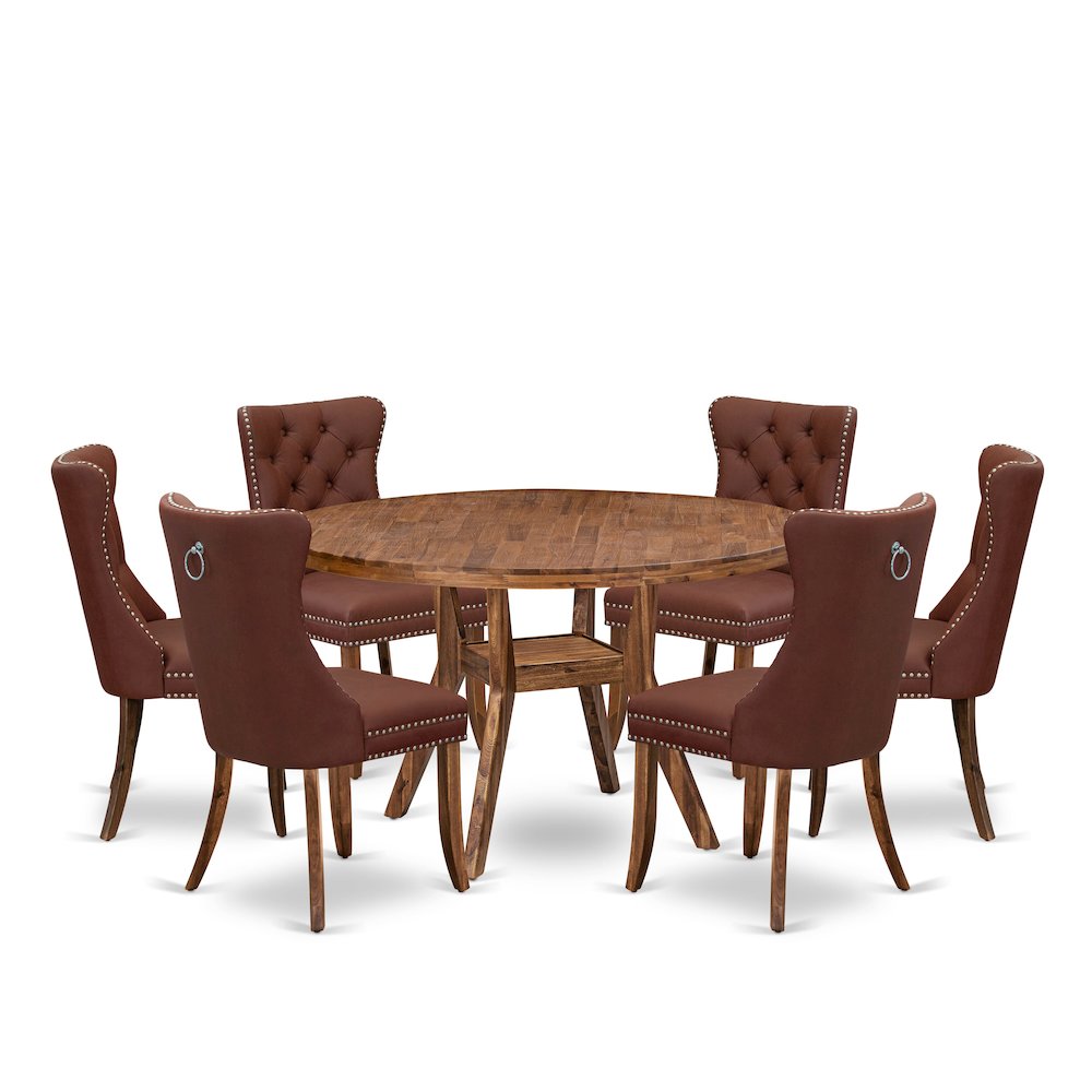 7-Pc Mid Century Dining Set Consist A Table And 6 Burgundy Upholstered Chairs