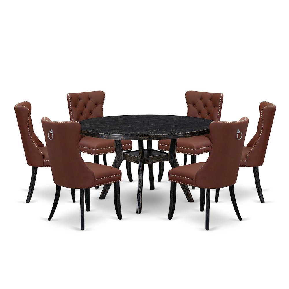 7 Piece Dining Table Set Contains 54″ Round Table In Burgandy Color