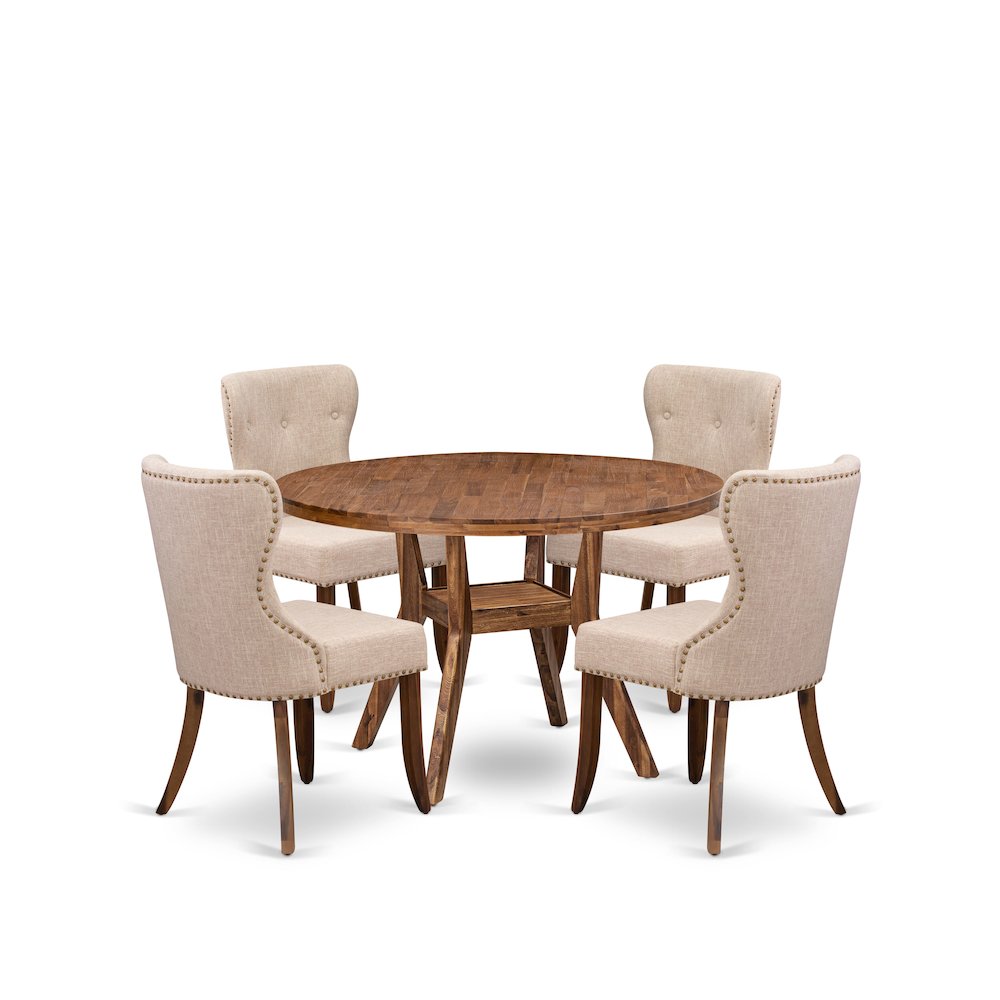 5 Piece Dining Set Consists Of 48″ Round Kitchen Table In Light Tan Color