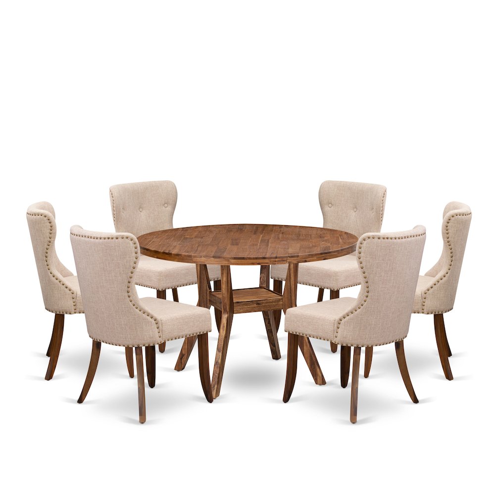 7 Piece Dining Set For 6 Contains 48″ Round Table In Light Tan Color